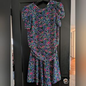 Floral Midi Dress in Black with Pink, Purple & Green Print Liz Roberts Vintage